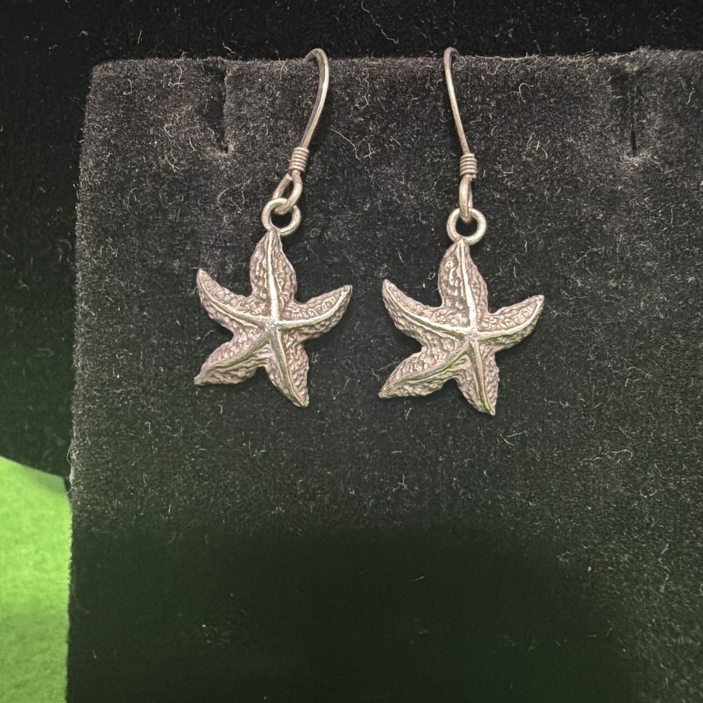 Vintage Solid Sterling Silver Starfish Dangle Earrings 925 Signed Seashell